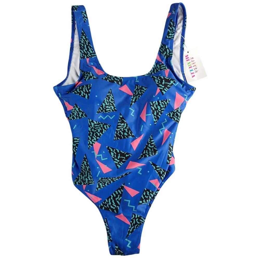 Miaiulia One Piece Swimsuit Womens XS Blue Retro Padded Geometric Print NWT